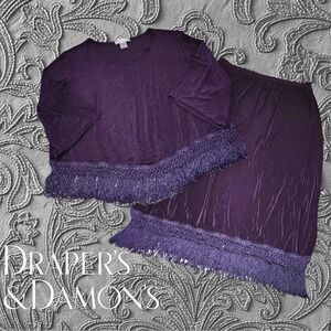 VTG Drapers & Damons Vintage Slinky Fringe‎ Skirt Set w/ Matching Scarf Plum PXL